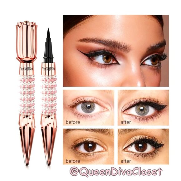 Queen Rose Crown Style Scepter Rose-Gold Rhinestone Liquid Eyeliner Pen Black - Picture 1 of 7